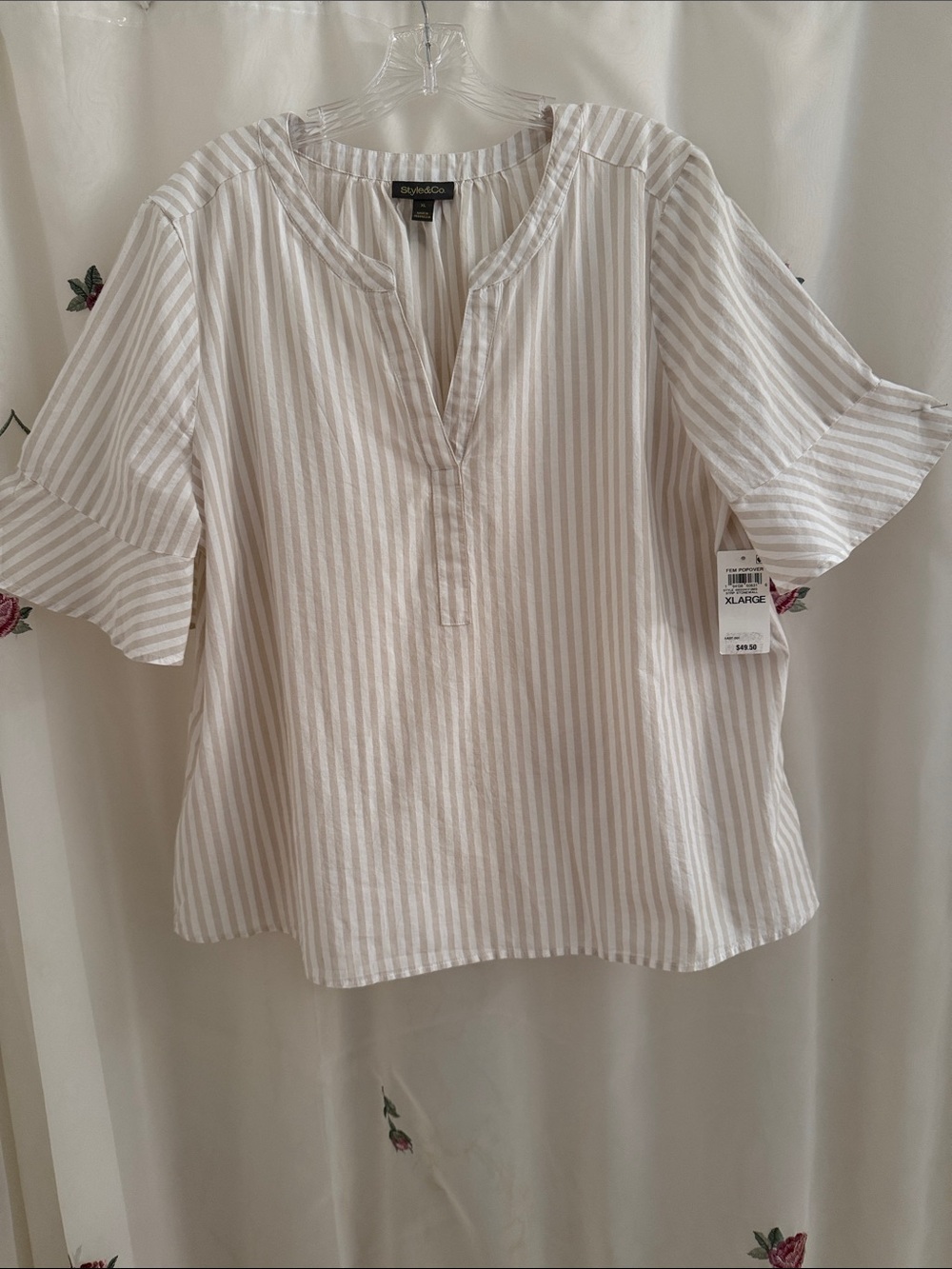 Style & Co. Cream and White Striped Split-Neck Ruffle Sleeve Top